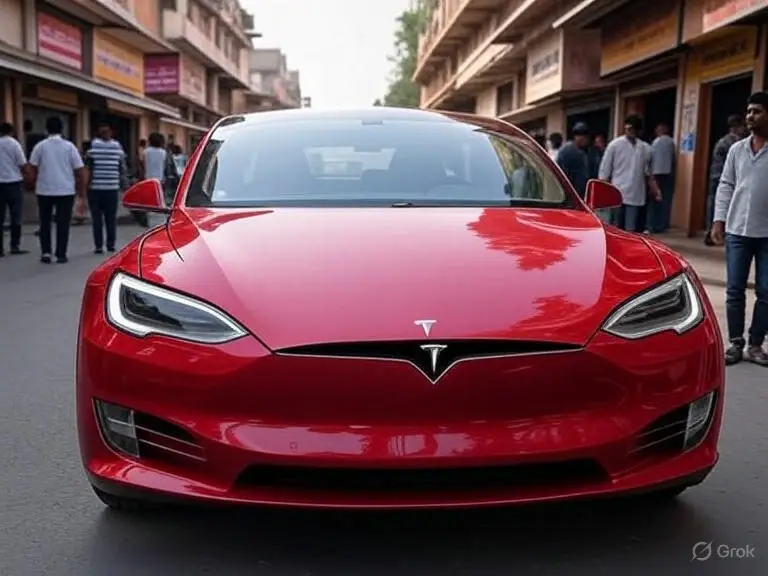 A Tesla car driving on a bustling street in India